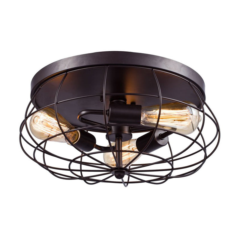 Industrial Black Metal Ceiling Light Fixture - 3-Light Caged Flush Mount For Corridor
