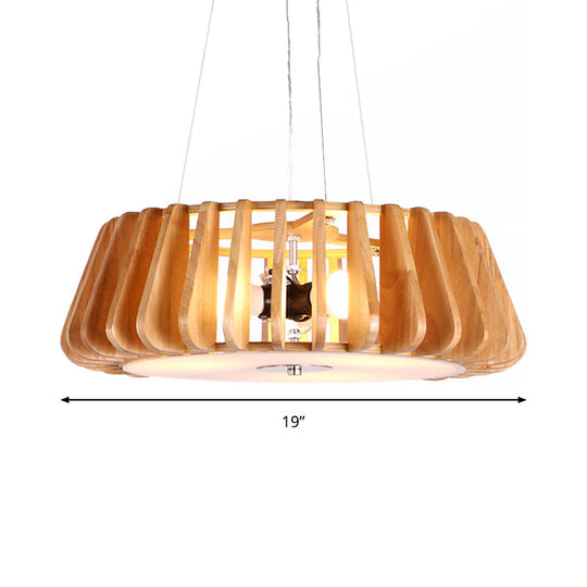 Triple Light Wooden Drum Chandelier For Modern Restaurant Decor