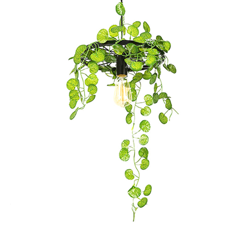Retro Iron Wagon Wheel Chandelier - Black 1/3/6 Light Hanging Pendant With Decorative Plant