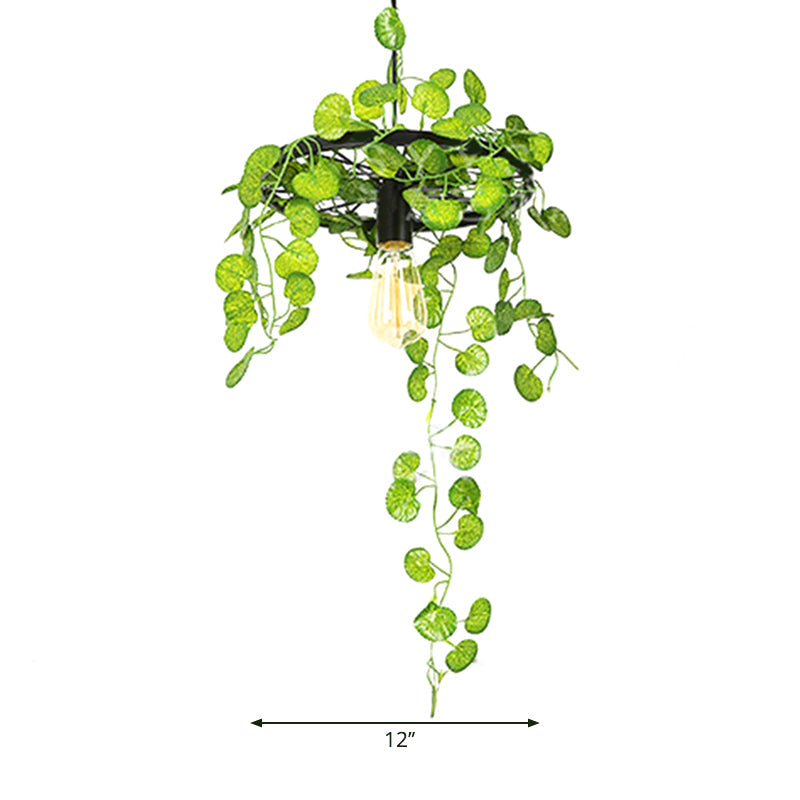 Retro Iron Wagon Wheel Chandelier - Black 1/3/6 Light Hanging Pendant With Decorative Plant