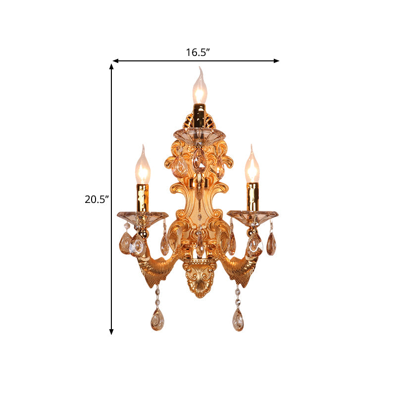 Traditional Gold Crystal Droplets Wall Sconce With 3-Head Candelabra - Elegant Lighting Fixture