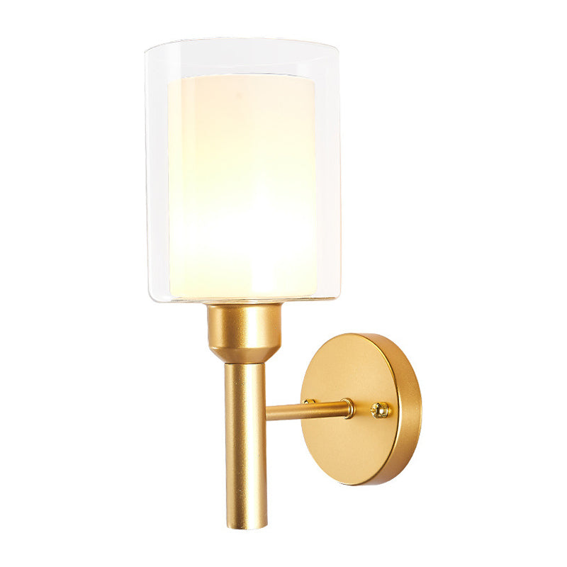 Retro Dual Cylinder Wall Sconce In Gold With Clear & White Glass Headlight