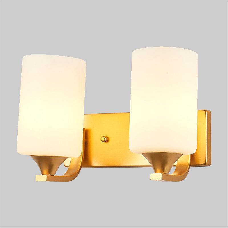Traditional 2-Bulb Gold Wall Lamp With Milky Glass Cylindrical Fixture