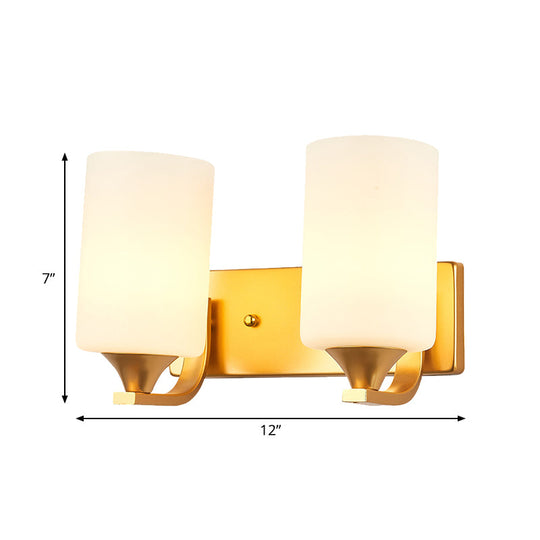 Traditional 2-Bulb Gold Wall Lamp With Milky Glass Cylindrical Fixture
