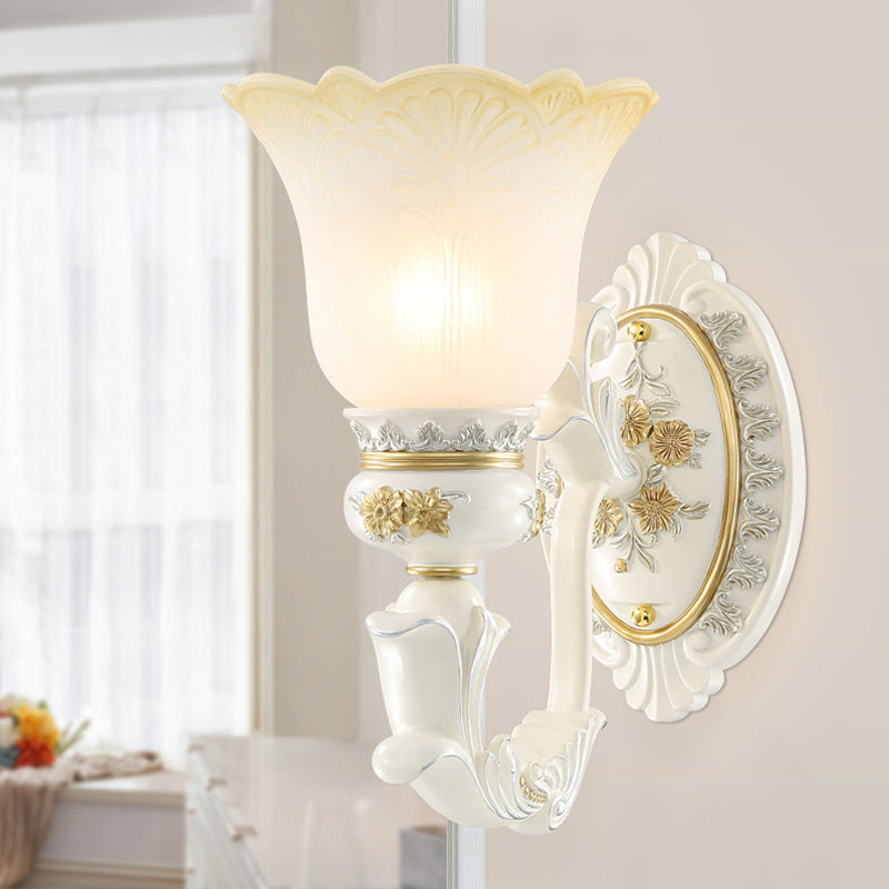 Rustic Blossom Wall Mount Light With Frosted Glass Sconce - Single Bulb Carved Design White