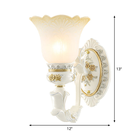 Rustic Blossom Wall Mount Light With Frosted Glass Sconce - Single Bulb Carved Design White