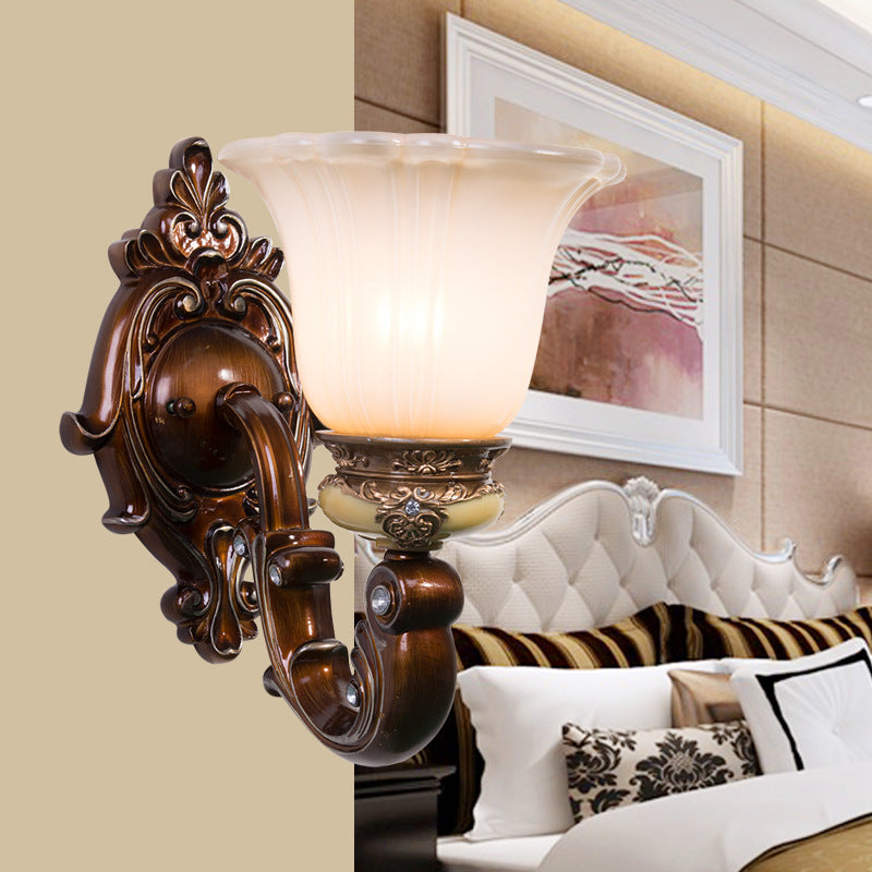Brown Antiqued Invert Bell Single Light Wall Sconce With Cream Fluted Glass