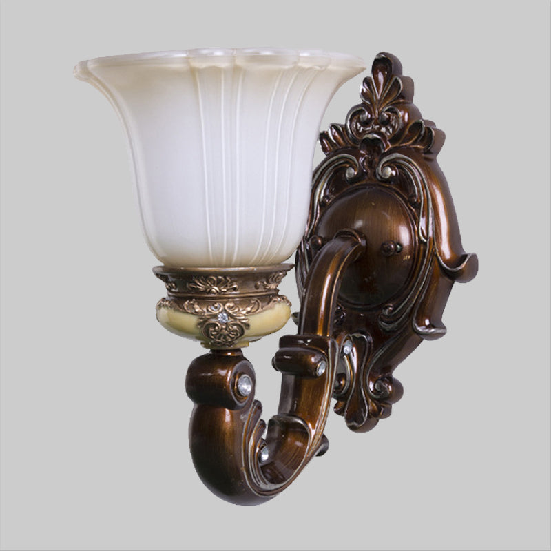 Brown Antiqued Invert Bell Single Light Wall Sconce With Cream Fluted Glass