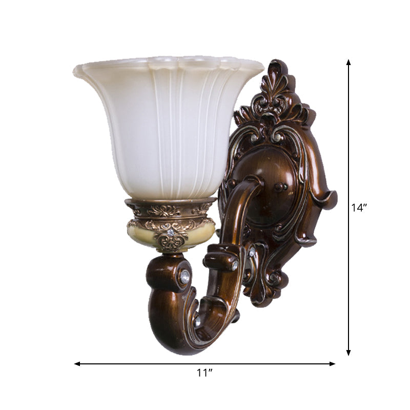 Brown Antiqued Invert Bell Single Light Wall Sconce With Cream Fluted Glass