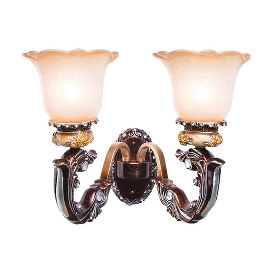 Vintage Brown Half-Head Wall Lamp With Pink And White Floral-Shaped Glass - Retro Lighting Fixture