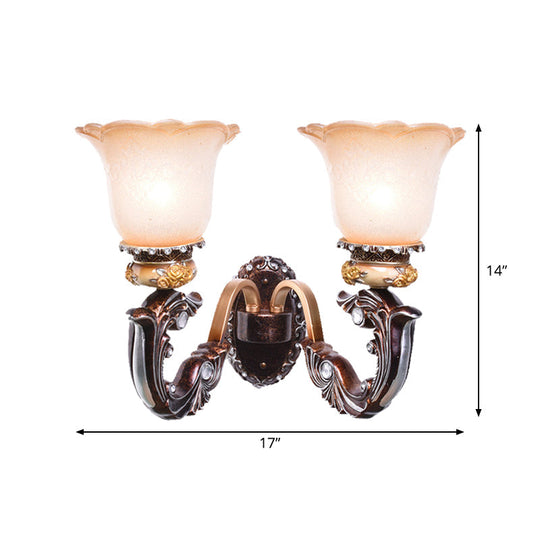 Vintage Brown Half-Head Wall Lamp With Pink And White Floral-Shaped Glass - Retro Lighting Fixture