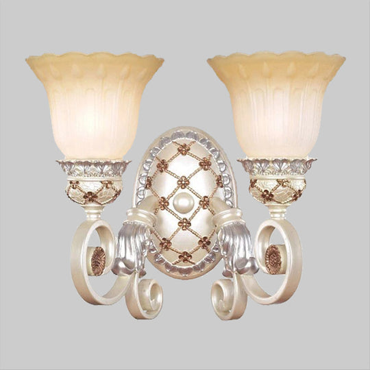 French Country Blossom Wall Sconce - Opaline Glass Lighting With Swirl Arm In Gold