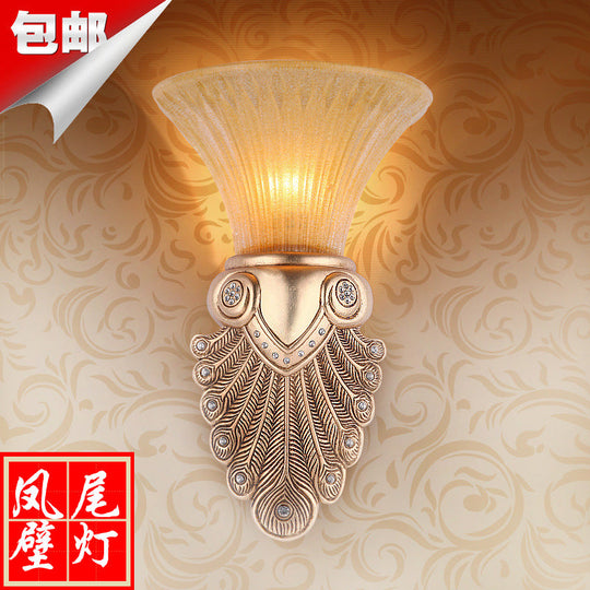 Gold Wall Sconce Lighting With Inverted Bell Opal Fluted Glass And Peacock Feather Design 10/13 Wide