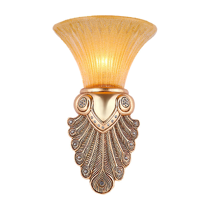 Gold Wall Sconce Lighting With Inverted Bell Opal Fluted Glass And Peacock Feather Design 10/13 Wide