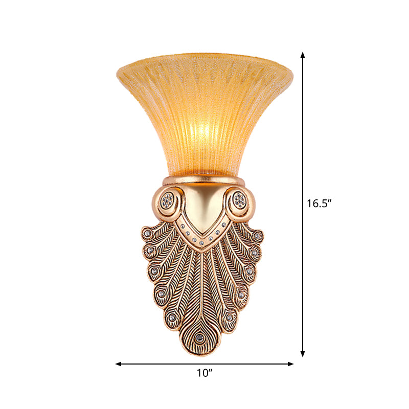Gold Wall Sconce Lighting With Inverted Bell Opal Fluted Glass And Peacock Feather Design 10/13 Wide
