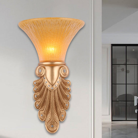 Gold Wall Sconce Lighting With Inverted Bell Opal Fluted Glass And Peacock Feather Design 10/13 Wide