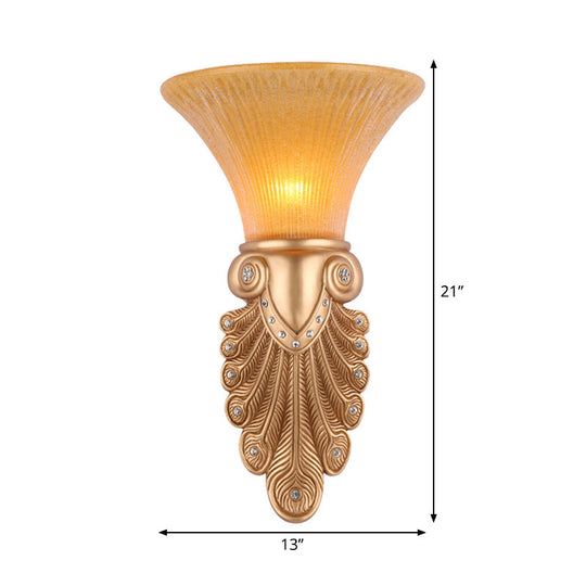 Gold Wall Sconce Lighting With Inverted Bell Opal Fluted Glass And Peacock Feather Design 10/13 Wide