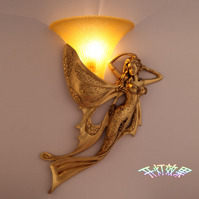 Mermaid 1-Light Resin Gold Wall Sconce - Rustic Style Lamp With Ribbed Glass Shade