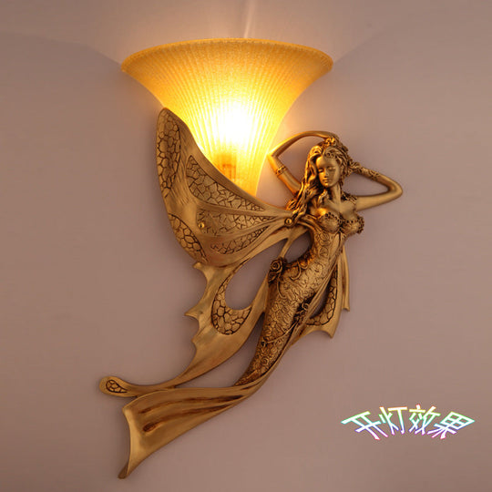 Mermaid 1-Light Resin Gold Wall Sconce - Rustic Style Lamp With Ribbed Glass Shade