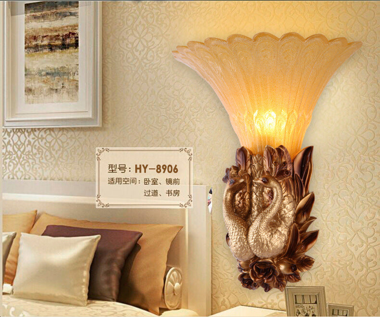 Vintage Resin Gold Wall Sconce Light With Ribbed Amber Glass Shade - Peacock Bedroom Lighting