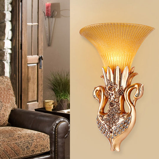 Swan Sconce Lamp: Farmhouse Resin Single Bulb Wall Lighting With Gold Finish And Fluted Glass Shade