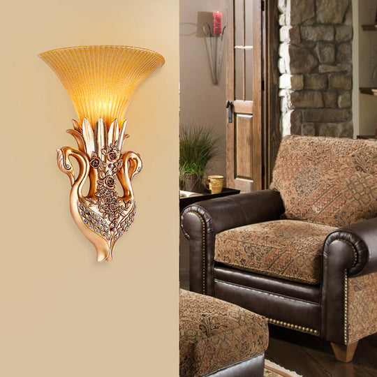 Swan Sconce Lamp: Farmhouse Resin Single Bulb Wall Lighting With Gold Finish And Fluted Glass Shade