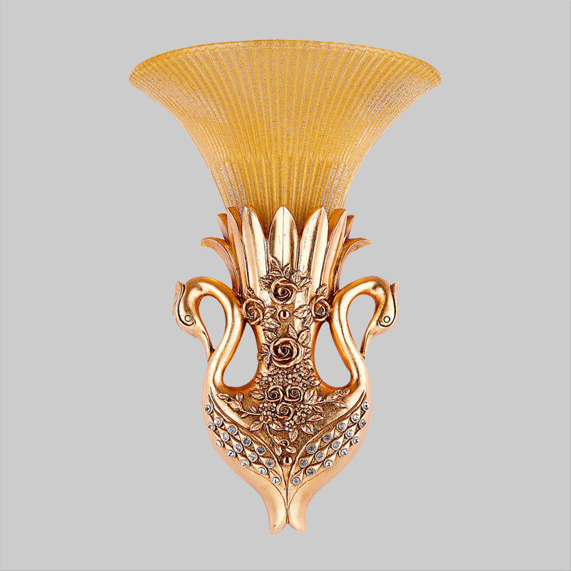 Swan Sconce Lamp: Farmhouse Resin Single Bulb Wall Lighting With Gold Finish And Fluted Glass Shade