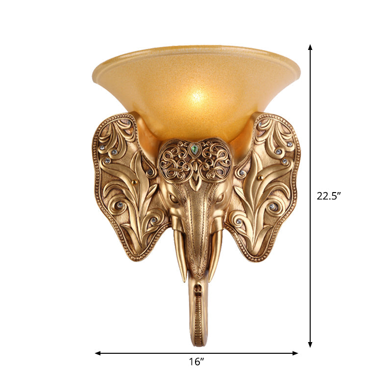 Elephant Head Design Wall Lamp - Gold Single Light Warehouse Amber Glass Bell Lighting Fixture