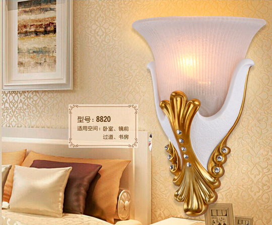 Rustic Bell Shaped Wall Sconce Lighting With Fluted Glass For Bedroom White / 9.5
