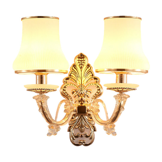 Rural Gold Glass Wall Sconce Light With Crystal Ball Droplet - 2 Heads Tapered Design