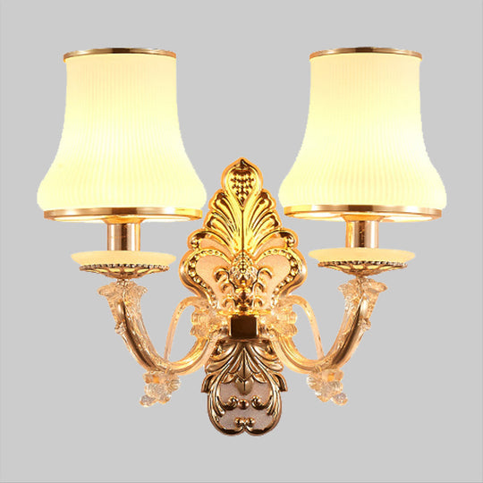 Rural Gold Glass Wall Sconce Light With Crystal Ball Droplet - 2 Heads Tapered Design