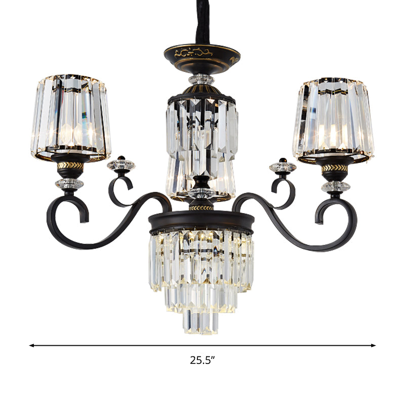 Minimalist 3-Tier Black Crystal Chandelier - 3/6 Lights With Conical Shade