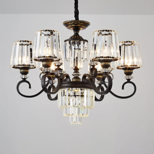 Minimalist 3-Tier Black Crystal Chandelier - 3/6 Lights With Conical Shade