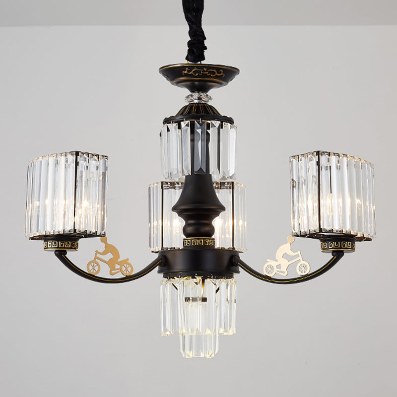 Modern Black Cuboid Chandelier With Clear Crystal Shades - 3/6 Heads Ceiling Light Fixture
