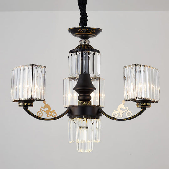 Modern Black Cuboid Chandelier With Clear Crystal Shades - 3/6 Heads Ceiling Light Fixture