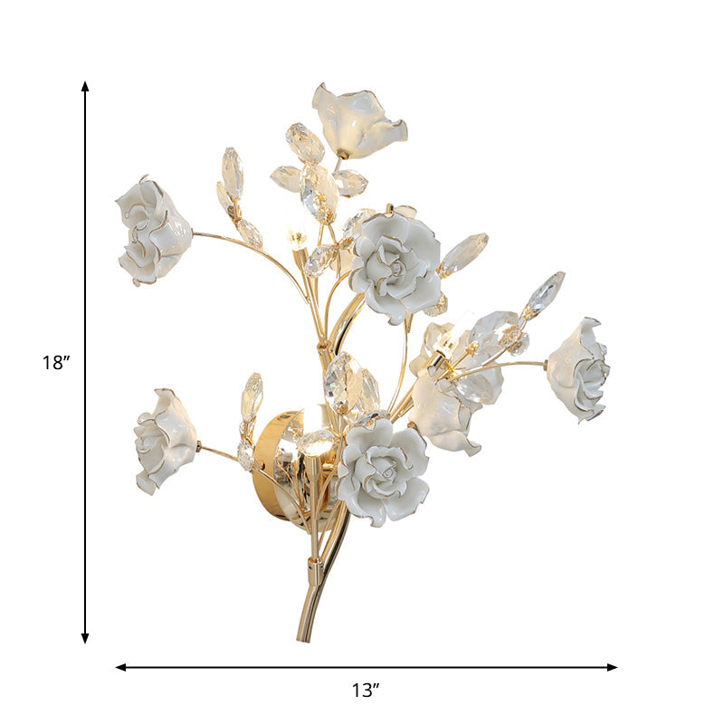 Contemporary Gold Crystal Wall Lamp With Teardrop Faceted Design And Ceramic Flower Accents - 3 Bulb