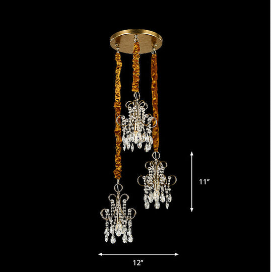 Simplistic Gold Metal Curvy Arm Multi Pendant Light With Crystal Strands - 3 Heads Ceiling Lighting