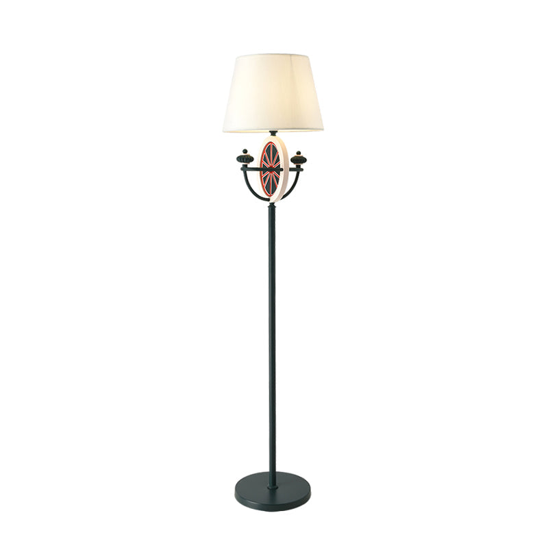 Mediterranean Barrel Floor Lamp - Black Fabric 1 Bulb Round & Bowl Frame Design