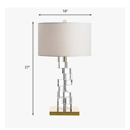 Classic White Table Lamp With Fabric Drum Shade And Clear Glass Block Accent