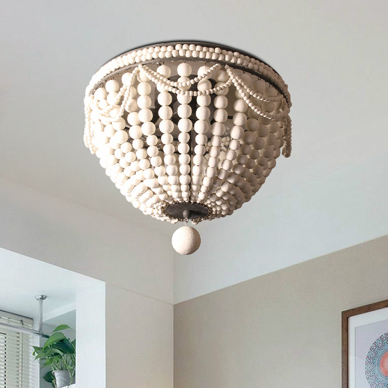 Rustic Wood Beaded Dome Flushmount Chandelier - 3 Bulb Ceiling Mount For Dining Table