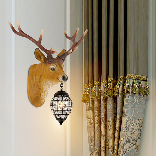 Rustic Elk Resin Wall Sconce Lamp In Brown With Crystal Waterdrop Shade / 14.5