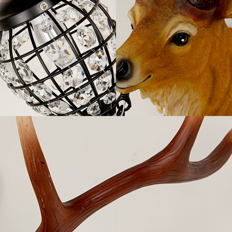 Rustic Elk Resin Wall Sconce Lamp In Brown With Crystal Waterdrop Shade