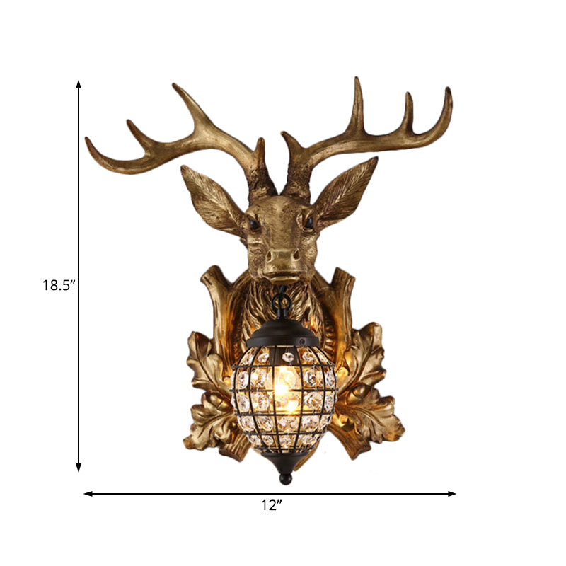 Ellipsoid Crystal Sconce With Gold Antler Backplate - Living Room Wall Mount Lighting For Farmhouse