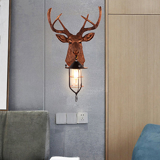 Vintage Resin Deer-Head Wall Lamp Sconce With Cage - Brown 1 Bulb Mount Lighting