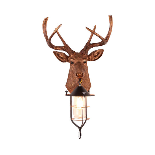 Vintage Resin Deer-Head Wall Lamp Sconce With Cage - Brown 1 Bulb Mount Lighting