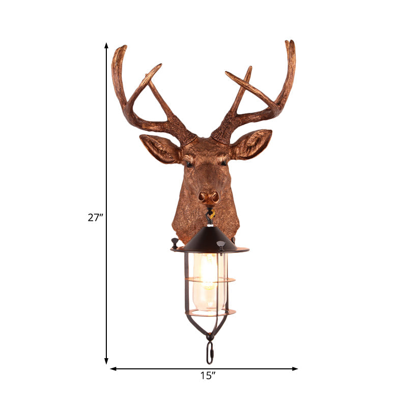 Vintage Resin Deer-Head Wall Lamp Sconce With Cage - Brown 1 Bulb Mount Lighting