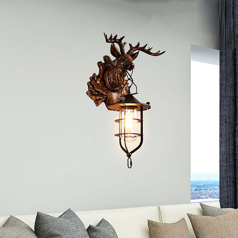 Black Iron Wire Cage Sconce With Deer Head Backplate - Countryside 1 Light Wall Lighting For Living