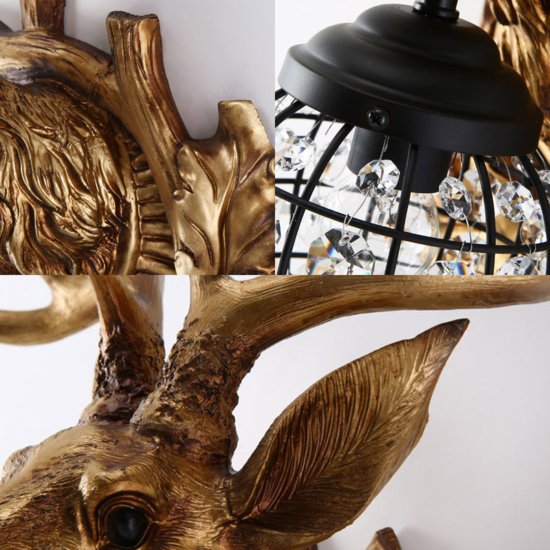 Black Iron Wire Cage Sconce With Deer Head Backplate - Countryside 1 Light Wall Lighting For Living