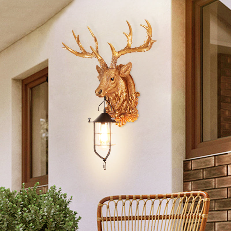 Rustic Elk Head Wall Sconce With Cage - 1-Light Courtyard Lamp Fixture In Brown Resin