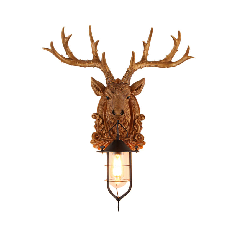 Rustic Elk Head Wall Sconce With Cage - 1-Light Courtyard Lamp Fixture In Brown Resin